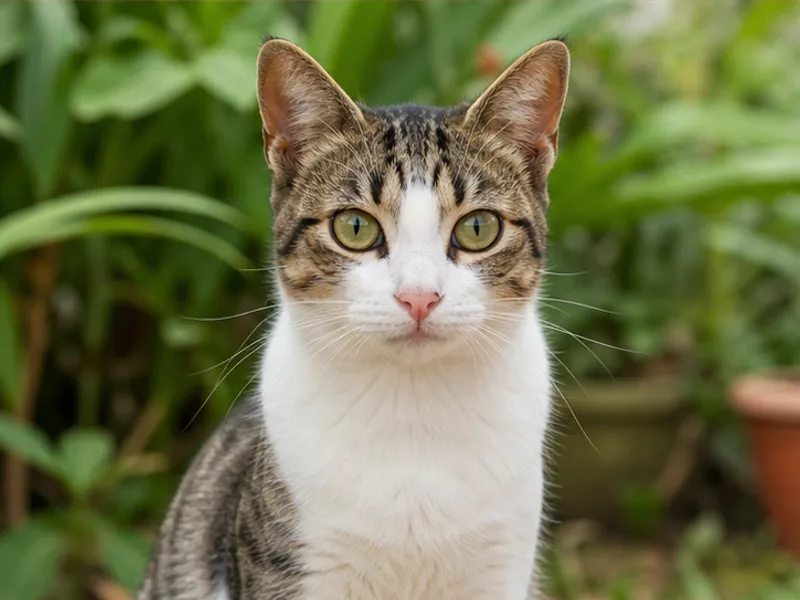 Retrato generado para la demostración de Manchita, una gata blanca y atigrada