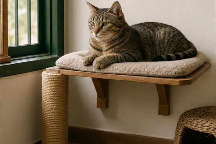 Gato descansando en un espacio elevado y tranquilo junto a una ventana