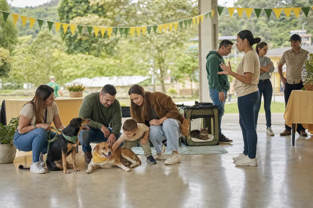 Escena generada para demostrar una jornada comunitaria de adopción responsable