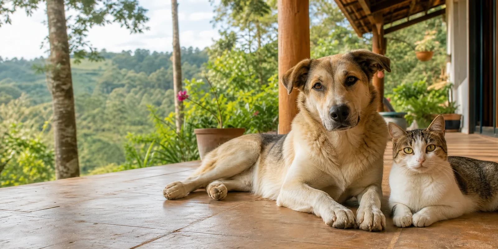 Perro y gato descansando juntos en una terraza rural de demostración en Antioquia